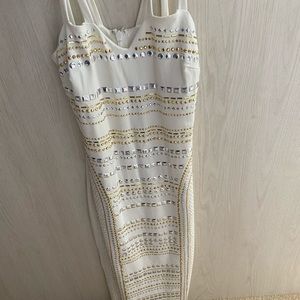 Bebe Size XS silver and gold Studded white dress